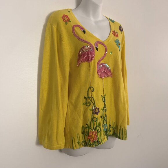 Vintage Jack B. Quick Flamingo Sweater | 90s Novelty Knit | Beaded | Size L - Picture 4 of 10